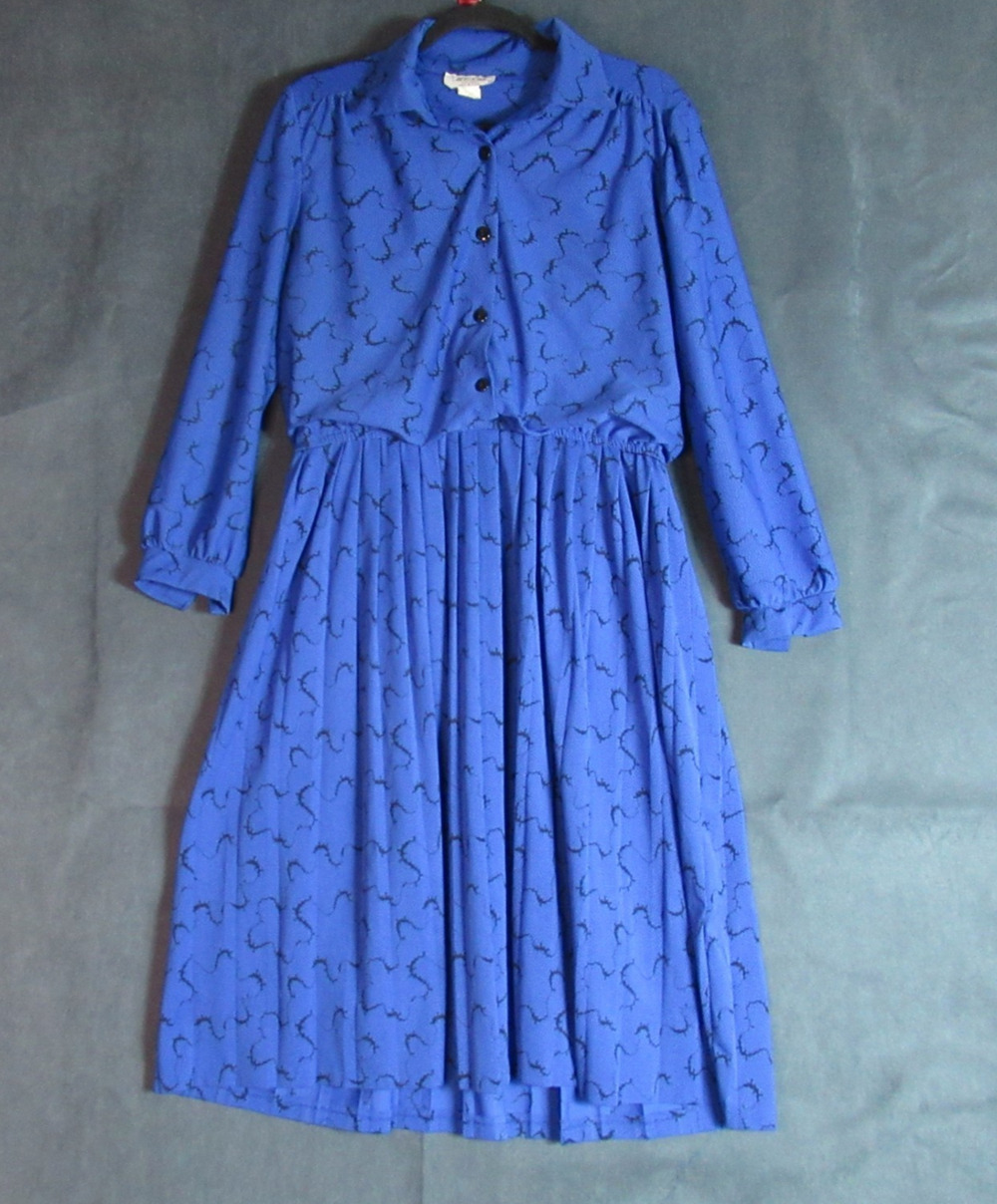 Vintage MCS Ltd Dress 12 Blue Graphic Secretary Geek Pleated Modest 80s Maxi